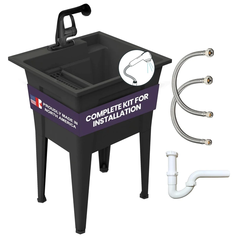 Utility Sink with One-Handle Black Plastic Faucet – Polypropylene Laundry, Black Garage Sink, Indoor and Outdoor Use – Complete Sink Set by Noah William Home (24” X 22” X 34” 19.5 Gallons) - Image 1