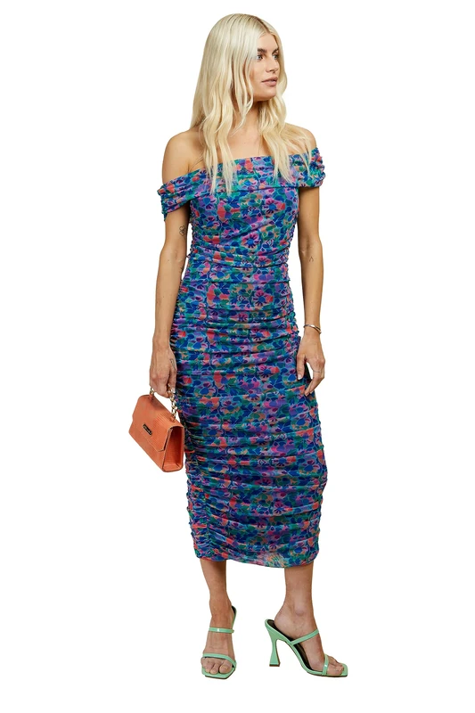 Little Mistress Blue Floral Print Ruched Bardot Midi Dress, 16