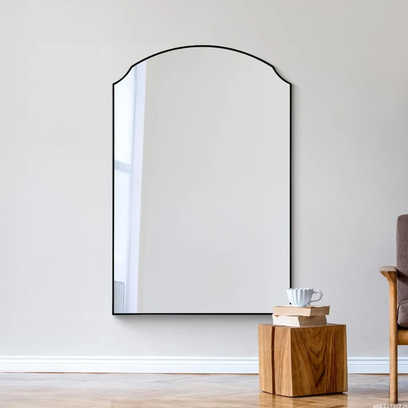 MirrorOutlet The Curva - New Black Modern Dual Arched Curved Edged Over Mantle and Wall Mirror 47" X 31" (120CM X 80CM) Inset Premium Mirror Glass.