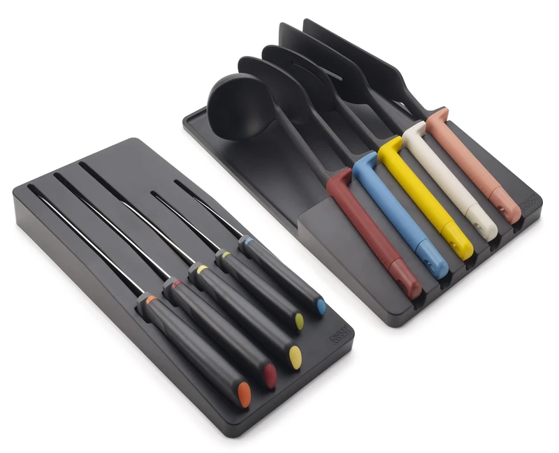 Joseph Joseph Elevate Utensil & Knife 10-piece Set, In Drawer utensils organisation Storage, Black/Multicolour
