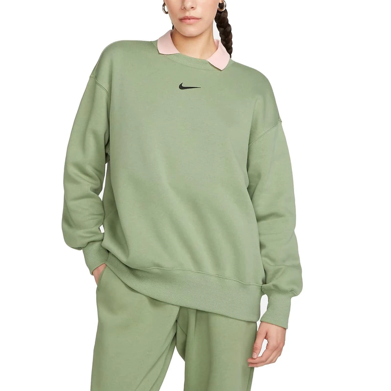 NIKE DQ5733-386 W NSW PHNX FLC OS CREW Sweatshirt Women's OIL GREEN/BLACK Size 2XS