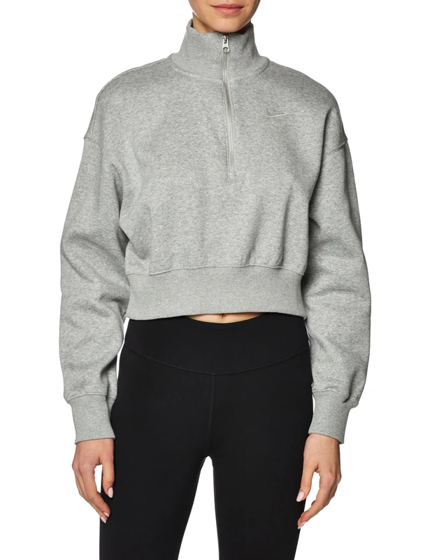 NIKE DQ5767-063 W NSW PHNX FLC QZ CROP Sweatshirt Women's DK GREY HEATHER/SAIL Size XS-S