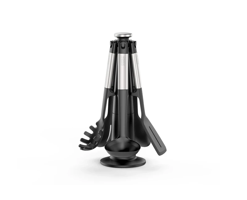 Joseph Joseph Elevate 5-piece Silicone Kitchen Utensils Carousel, BPA Free, Heat Resistant Non Stick Utensil Set, Weighted Stainless Steel Handles, Black and Silver