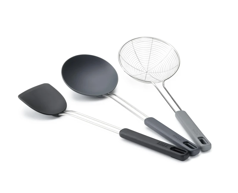 Joseph Joseph Nest Fusion 3-piece Silicone and Stainless Steel Kitchen Wok Set, Silcone Turner, Spoon and Wire Skimmer Strainer, BPA Free, Heat Resistant Non Stick, Black