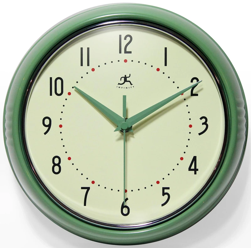 Infinity Instruments LTD. Retro 12 inch Silent Sweep Non-Ticking Mid Century Modern Kitchen Diner Wall Clock Quartz Movement Retro Wall Clock Decorative (Green)
