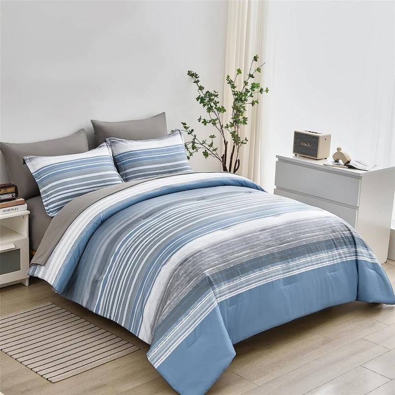 KAKIJUMN 5 Piece Bed in a Bag Stripe Comforter Set Twin Size, White Grey Blue Striped Comforter and Sheet Set, All Season Soft Microfiber Complete Bedding Set(Light Blue,Twin)