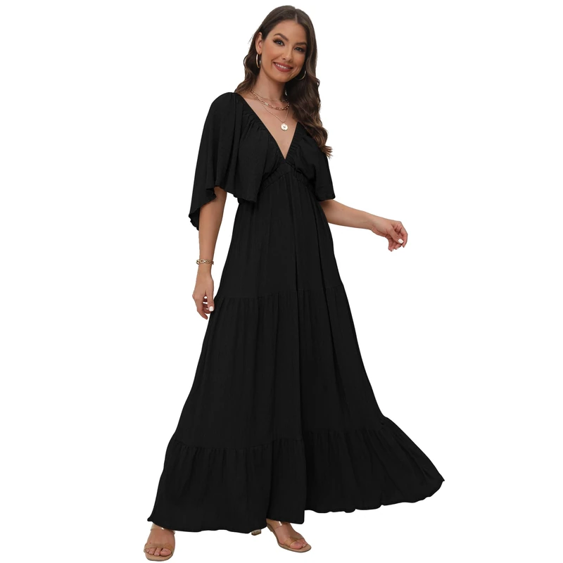 SUNNOW Women's Summer V-Neck, Tiered Silhouette with Flutter Sleeves Maxi Dress for Casual, Black, XL