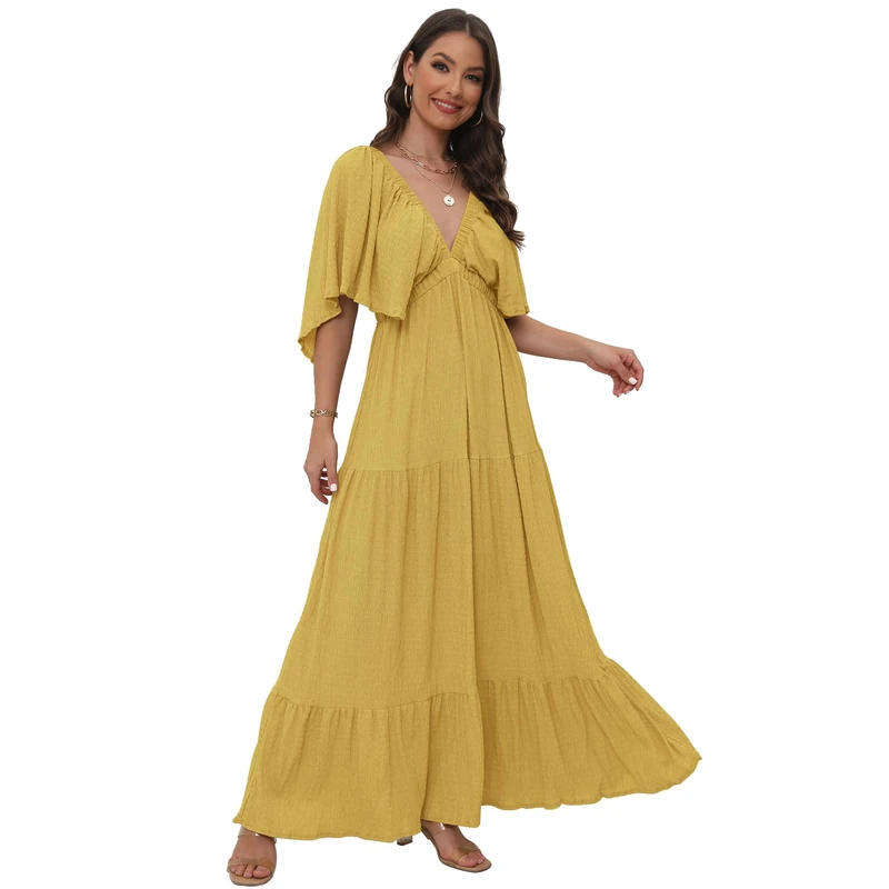 Women's Summer V-Neck, Tiered Silhouette with Flutter Sleeves Maxi Dress for Casual, Yellow, M - Image 1