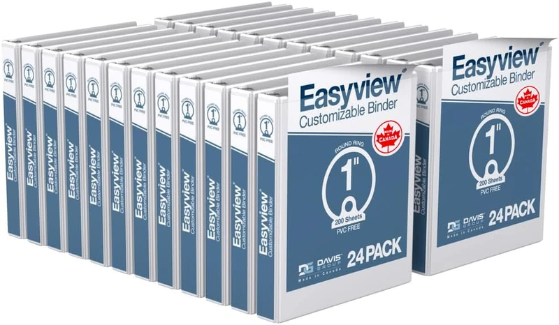 EasyView Premium 1-Inch Binders with Clear-View Covers, 3-Ring Binders for School, Office, or Home, Colored Binder Notebooks, Pack of 24, Round Ring, White