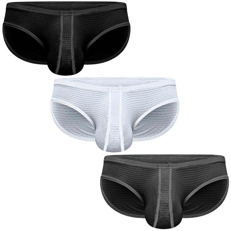 Real Men Ares-Accent Low-Rise Pouch Bikini Brief – 1, 3, 6 Pack with Size B & D Pouch XS - 5XL, D Pouch 3 Pack- Black White Grey, L
