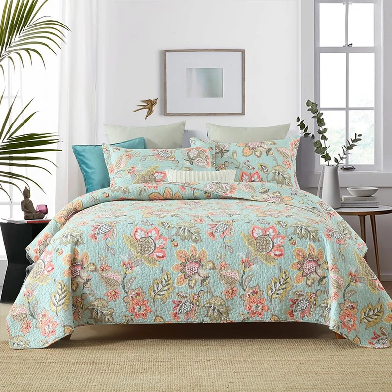 Wistown Cotton Bedspread Bedding Coverlet Quilt Sets, Reversible Vintage Branch Floral Bedspread comforters, (Vintage Floral Blue Pattern, King Size)