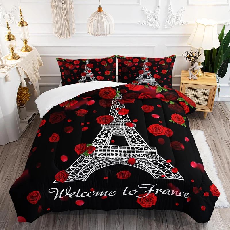 XYNHML Eiffel Tower Comforter Set Queen Size Girls Red Rose Paris Bedding Set Romantic Theme Decor Adult Women Couple Quilted Bed Set with 1 Comforter and 2 Pillowcases