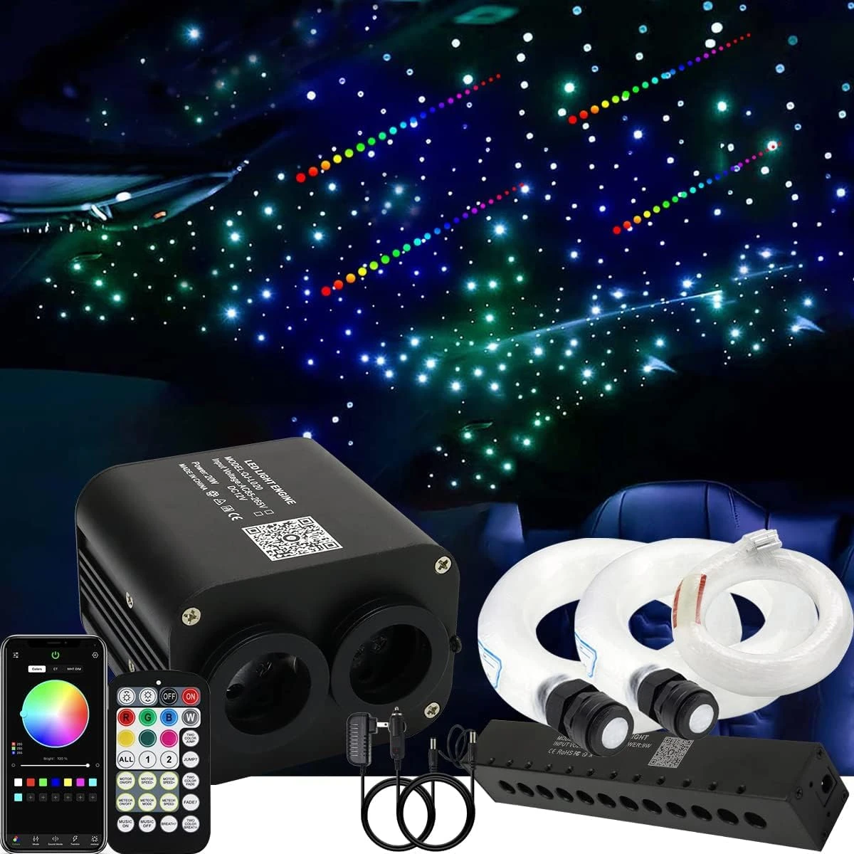 Callsky Dual Color 20w Twinkle Fiber Optic Starlight Headliner Kits 1200pcs 0.03in 13.1ft, RGB Meteor Shooting Star, APP/Remote/Sound Activated Control Home Car Ceiling Décor