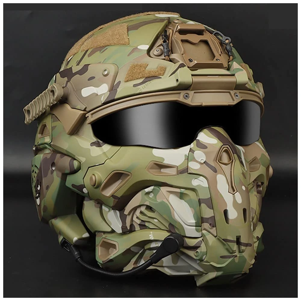 Airsoft Full Face Mask Tactical Helmet With Built-In HD Headset, Anti-Fog Fan, Sliding Goggles And NVG Mount For Military Paintball CS Outdoor Activities