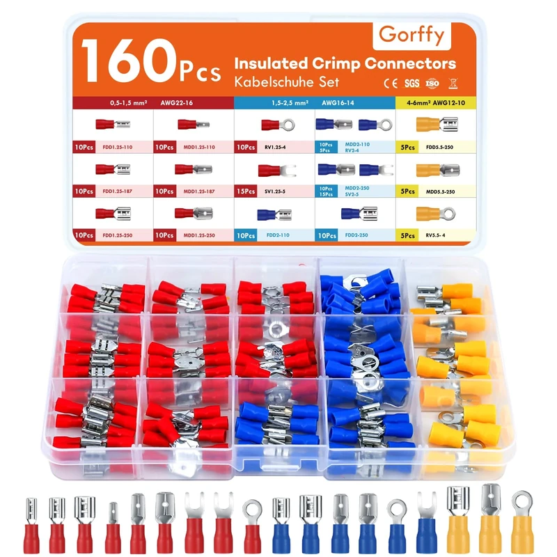 Gorffy Spade Connectors 160 Pcs, Auto Electrical Connector 0.5-6.0mm², Insulated Wire Connectors Crimp, Assorted Male and Female Spade Connector 12V, Fork & Ring Crimp Terminals
