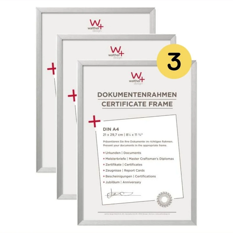 walther design AJ130S3 Chair Picture Frame, Silver, 21 x 29.7 cm DIN A4, Pack of 3, Aluminium Document Frame, Aluminium Frame