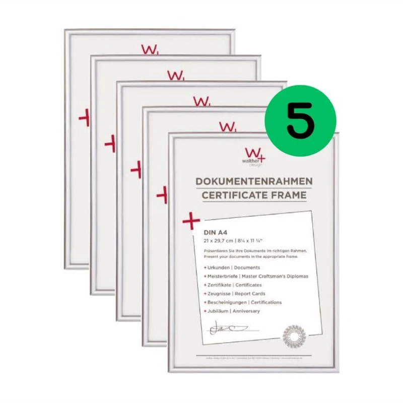 walther design KV130S5 New Lifestyle Picture Frame, Silver, 21 x 29.7 cm (DIN A4), Pack of 5, Plastic Frame