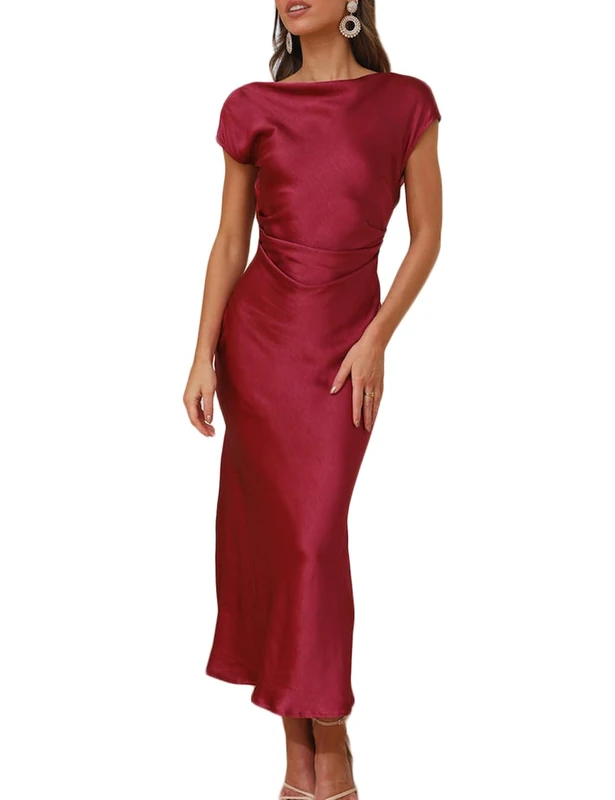 Gmeitoey 2023 Satin Cap Sleeve Cowl Back Summer Dresses for Women Elegant Ruched Waist Wedding Guest Midi Dress, Burgundy, XS