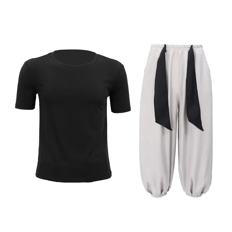 C-ZOFEK Men's US Size Toji Cosplay Costume Anime Outfits Black Stretchy Top Baggy Pants (Small), White and Grey