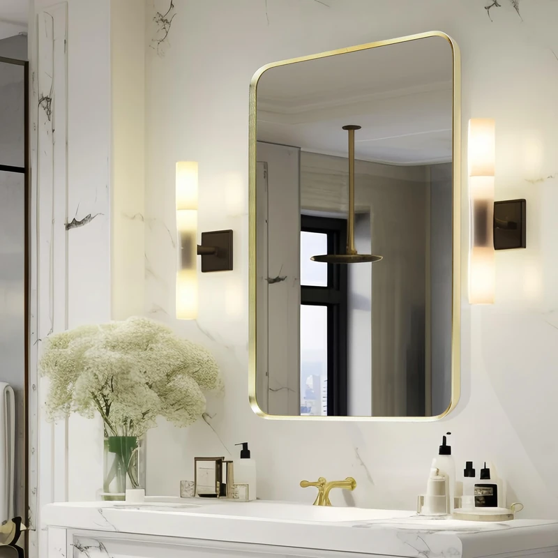 Minuover Wall Mount Mirror for Bathroom, Brushed Gold Metal Framed Rounded Corner Rectangular Vanity Mirror (24" x 36", Gold)
