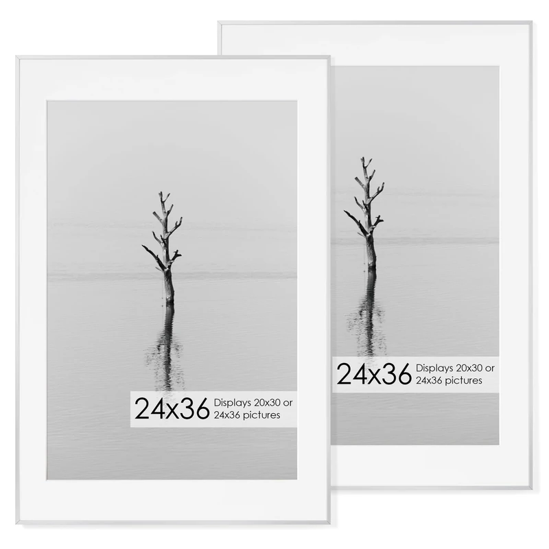24x36 Metal Picture Frame with 20x30 Mat, Brushed Aluminum Finish, Tempered Glass Front, and Attached Hanging Hardware - Versatile Wall Display Frames for Vertical or Horizontal Orientation(Silver,