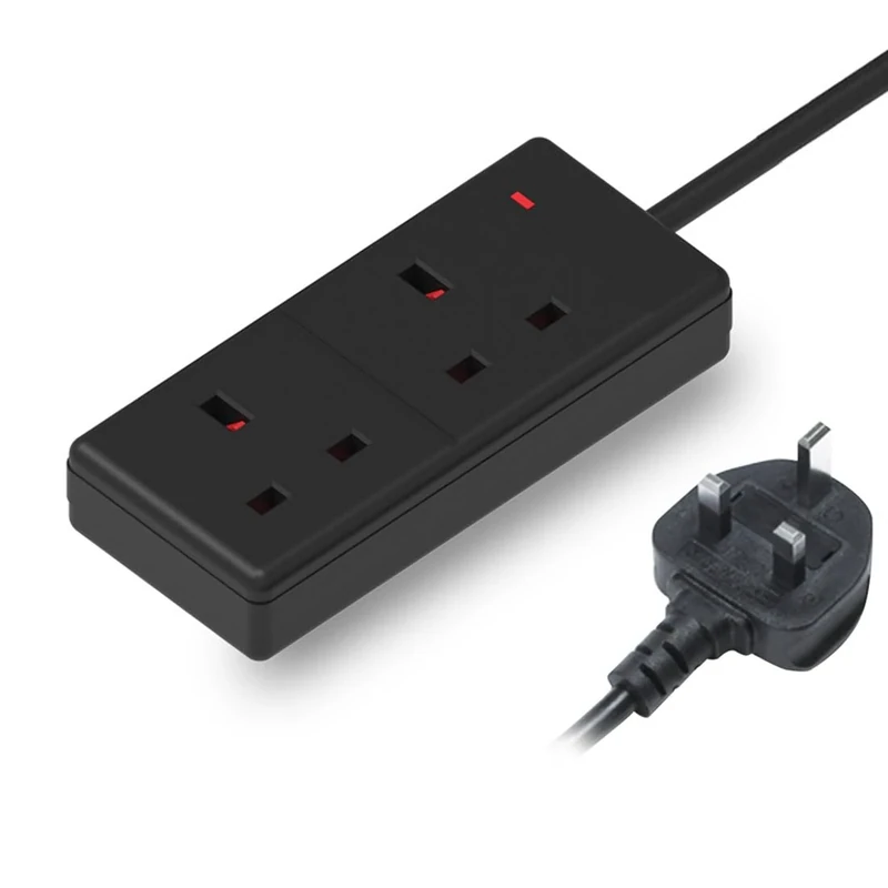 2M 2 Gang Socket Extension Lead UK Pin Plug and Cable Black Electric Extension Lead Mains Strip