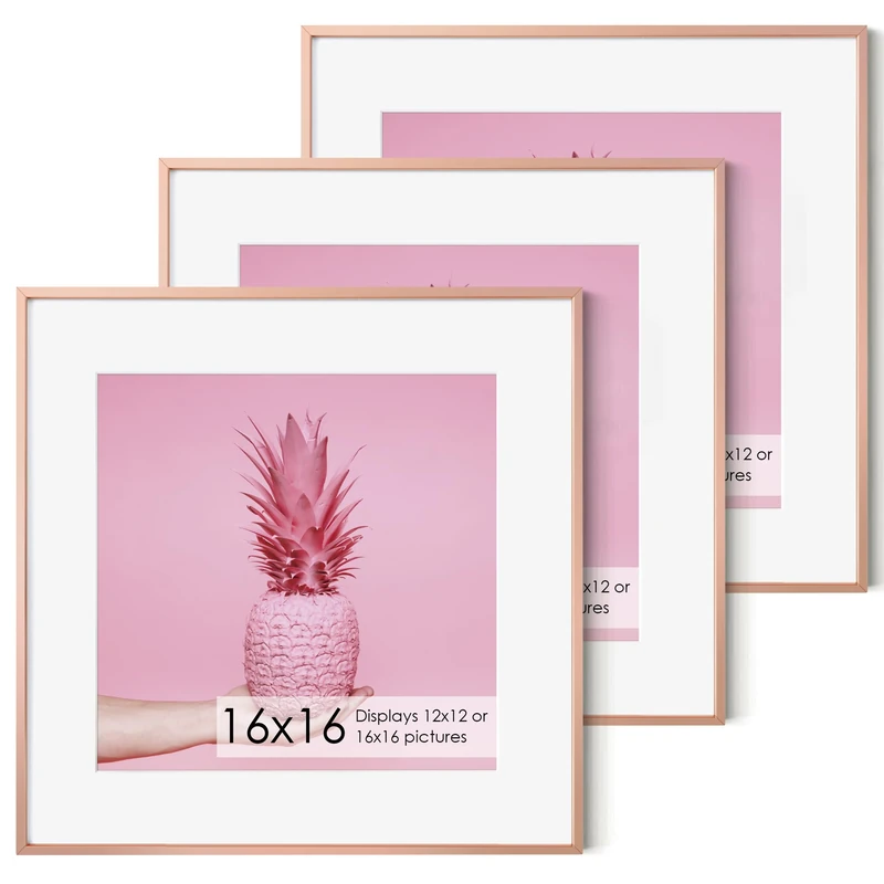 16x16 Metal Picture Frame with 12x12 Mat, Brushed Aluminum Finish, Tempered Glass Front, and Attached Hanging Hardware - Versatile Wall Display Frames for Vertical or Horizontal Orientation(Gold, Pack