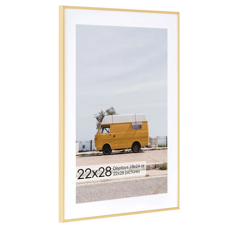 22x28 Metal Picture Frame with 18x24 Mat, Brushed Aluminum Finish, Tempered Glass Front, and Attached Hanging Hardware - Wall Display Frames for Vertical or Horizontal Orientation - Gold