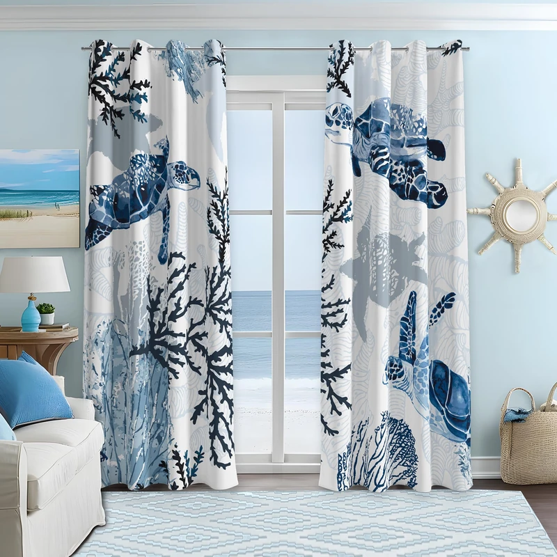 Nautical Coastal Curtains Decorative Beach Ocean Sea Turtle Coral 50% Light Blocking Sea Darkening Grommet Curtain For Villa Living Room, Bedroom Navy Blue and White 2 Panels Set, 52x63 Inches