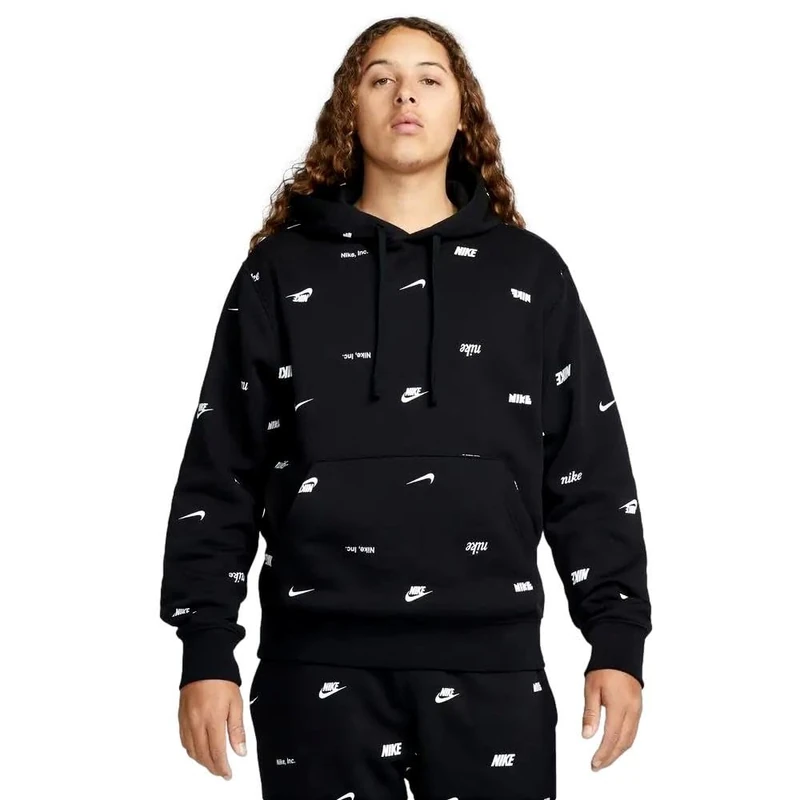 NIKE FB7434-010 M NK CLUB+ BB PO HOODIE AOP Sweatshirt Men's BLACK/WHITE Size 2XL