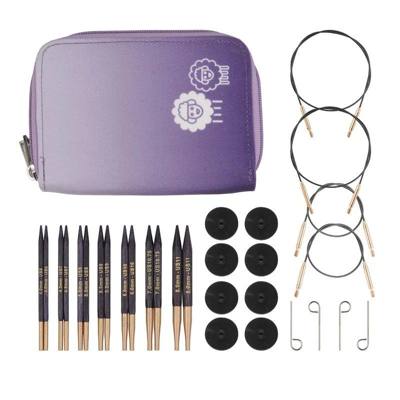 KNITPRO J'Adore Cubics Knitting Needle Set, Special Length, Deluxe, Lavender, Birch Wood, Circular, Interchangeable, 7 Pairs, 40-80mm, Incl 4 Cables, Accessories