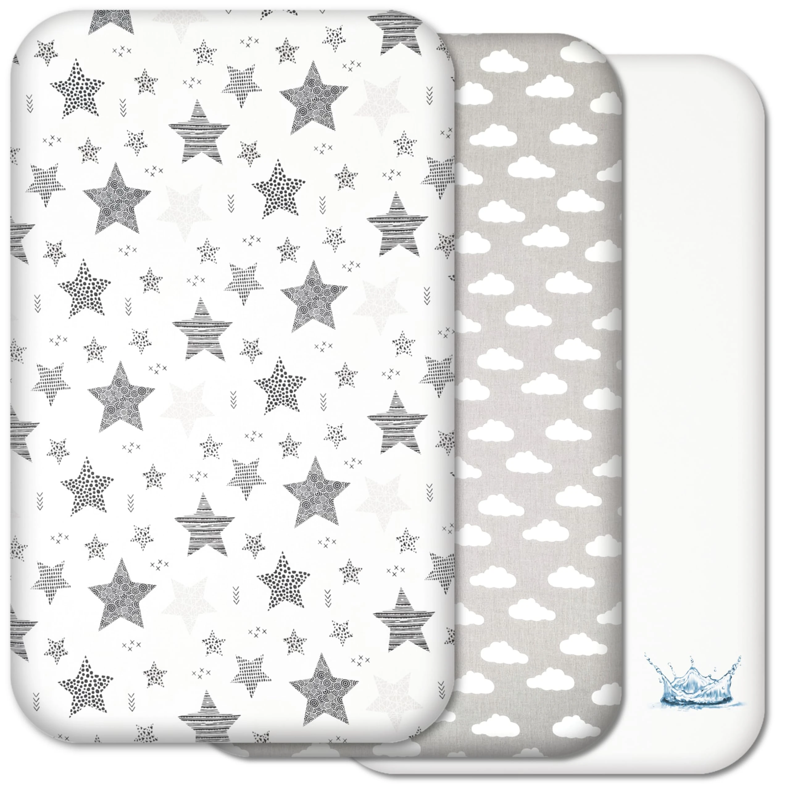 Next to Me Crib Sheets - 3pc Crib Fitted Sheet Set - 2 Fitted Cotton Sheets and 1 Waterproof Mattress Protector for Bedside Cribs - 100% Organic Cotton - Made in Europe (Grey Stars&Clouds, 83x50cm)