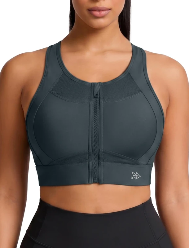 Yvette High Impact Sports Bras for Women Large Bust High Support Zip Front Closure Sports Bra for Running, Haze Blue, L - Image 1