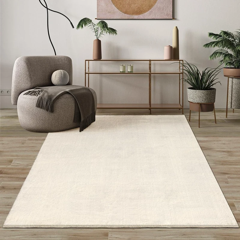 Mias Teppiche Comfort Modern Fluffy Short-Pile Carpet, Anti-Slip Backing, Washable up to 30 Degrees, Super Soft, Faux Fur Look, Beige, 160 cm round