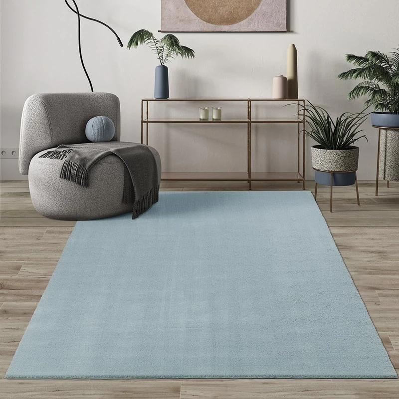 Mias Teppiche Comfort Modern Fluffy Short-Pile Carpet, Anti-Slip Backing, Washable up to 30 Degrees, Super Soft, Faux Fur Look, Blue, 240 x 340 cm