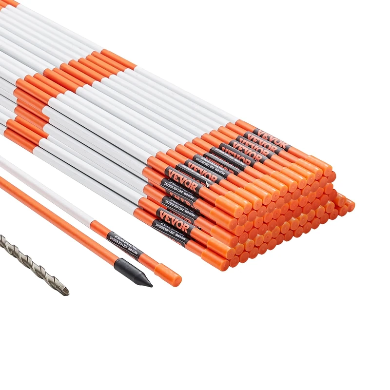 VEVOR Driveway Markers, 100PCS 48 inch, 0.31 inch Diameter, Orange Fiberglass Poles Snow Stakes with Reflective Tape, 12" Steel Drill Bit & Protection Gloves for Parking Lots, Walkways Easy Visibility