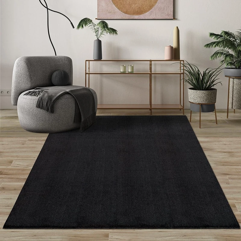 Mias Teppiche Comfort Modern Fluffy Short-Pile Carpet, Anti-Slip Backing, Washable up to 30 Degrees, Super Soft, Faux Fur Look, Black, 80 x 300 cm