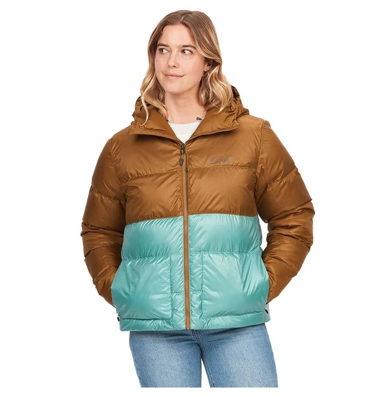 Marmot Women's Wm's Guides Down Hoody, Lightweight down jacket, warm winter puffy, water-repellent quilted coat, windproof functional jacket, packable outdoor jacket with hood, Hazel/Blue Agave, M