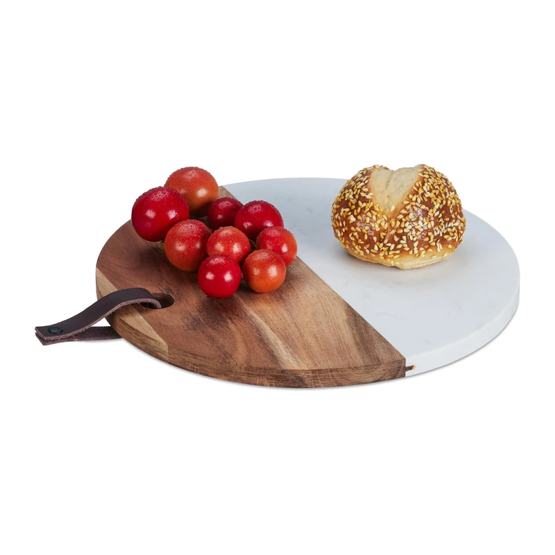 Relaxdays Round Chopping Board, Marble & Wood, Cutting Surface, 25 cm, Breakfast Serving Tray, Cheese, Natural/White