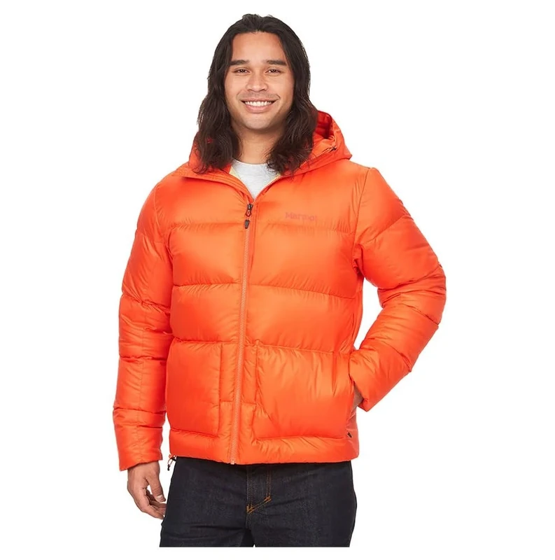 Marmot Men's Guides Down Hoody, Lightweight down jacket, warm winter puffy, water-repellent quilted coat, windproof functional jacket, packable outdoor jacket with hood, Flame, S