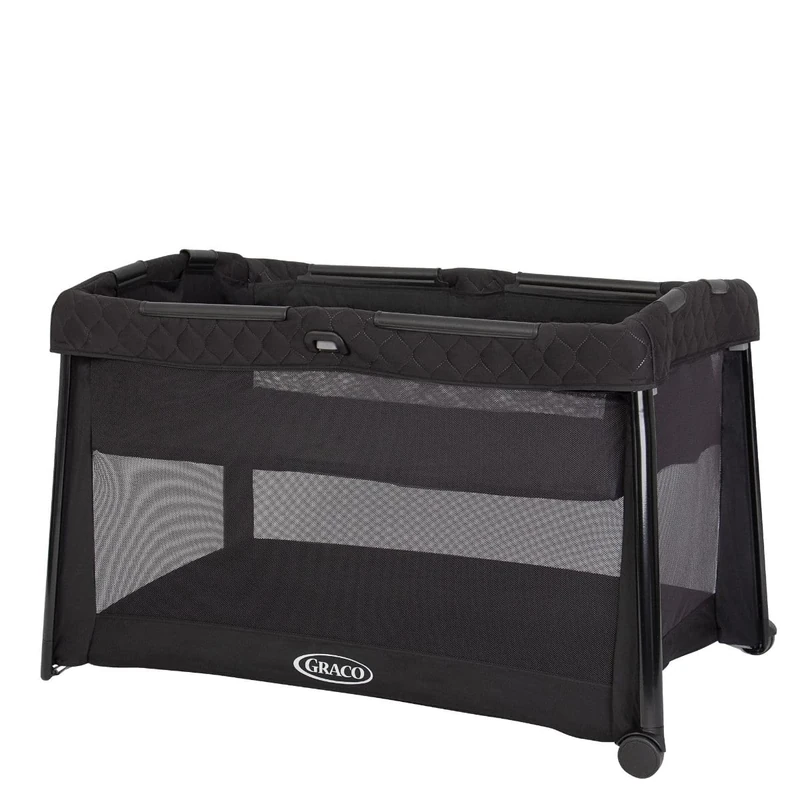 Graco FoldLite LX Unique Travel Cot with Bassinet Folds Down Super Small, Birth to Approx. 3 Years, Midnight Fashion