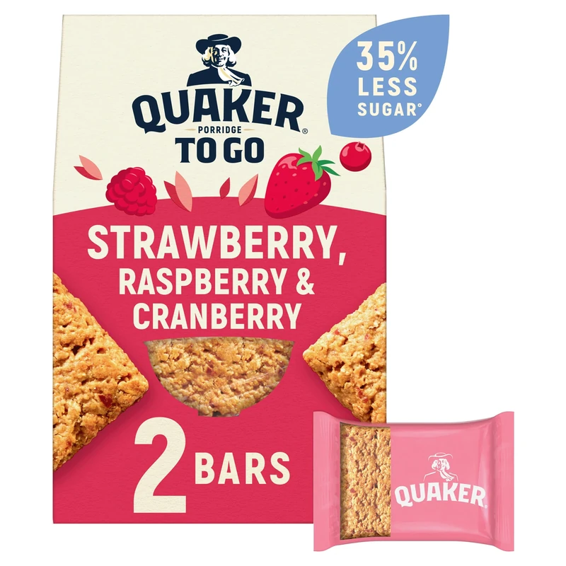 Quaker Porridge To Go Breakfast Bars Strawberry, Raspberry & Cranberry Flavour 2x55g (Case of 6) - Image 1
