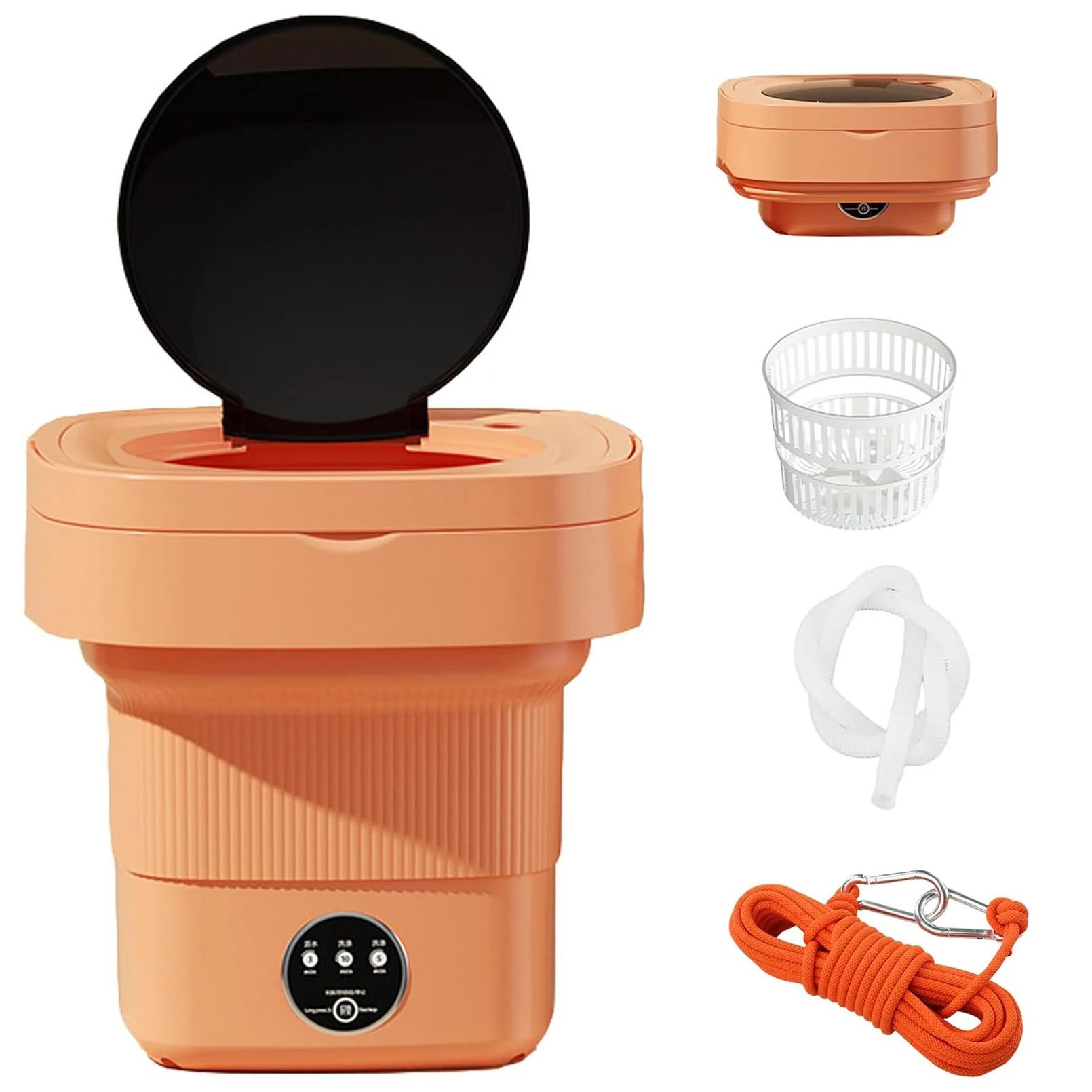 Mini Foldable Washing Machine with clothes line, RV Portable 7L Washing Machine Ultrasonic Cleaning sterilization Automatic Washer with Spin Dryer for Underwear, Socks, Baby Clothes, Towels orange