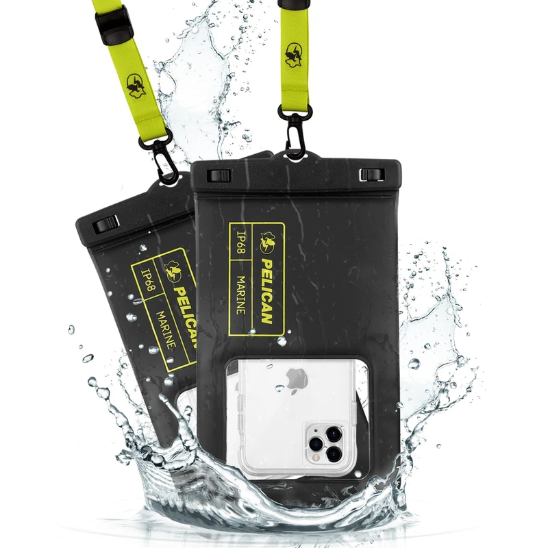 Pelican Marine 2 Pack - IP68 Waterproof Phone Pouch/Case (XL Size) - Floating Phone Case - iPhone 14 Pro Max/ 13 Pro Max/ 12 Pro Max/ 11/ S23 Ultra/Pixel 7 - Detachable Lanyard - Black/Yellow - Image 1