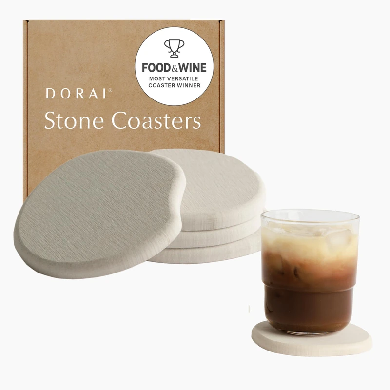 Dorai Home Stone Coaster Set – Eliminates Watermarks and Dries Instantly – Functional Design Created for The Modern Home – Set Includes Four Modern Coasters – Sandstone