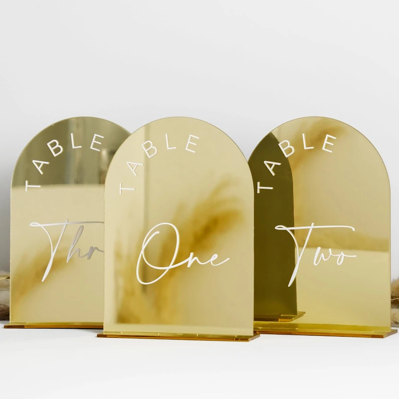 Gold Mirrored Arch Wedding Table Numbers 1-20 with Stands, 5x7 Inch Acrylic Arch Sign with Holder, Table Numbers 1-20, 5"x7")