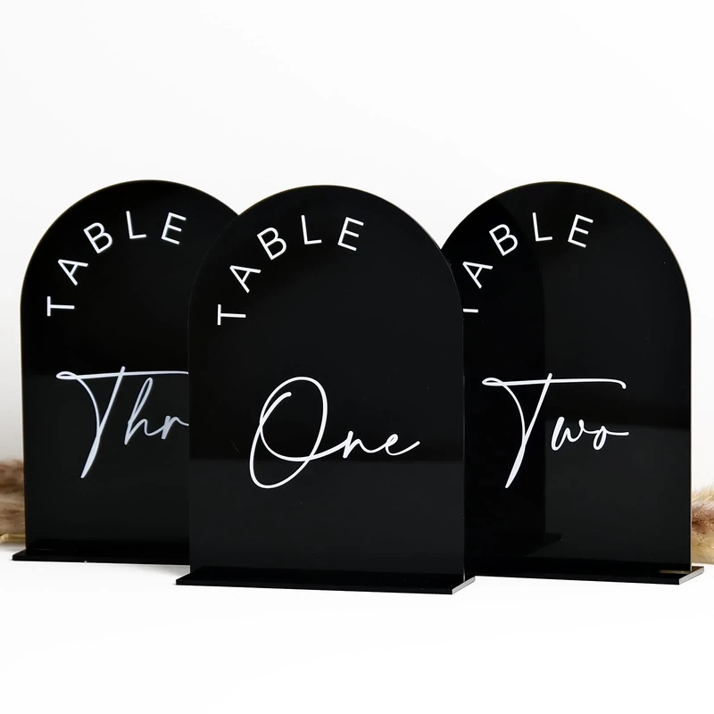 Black Arch Wedding Table Numbers with Stands 1-15, 5x7 Inch Black Acrylic Arch Sign with Holder, Arched Acrylic Table Numbers for Wedding Reception (1-15, 5"x7")