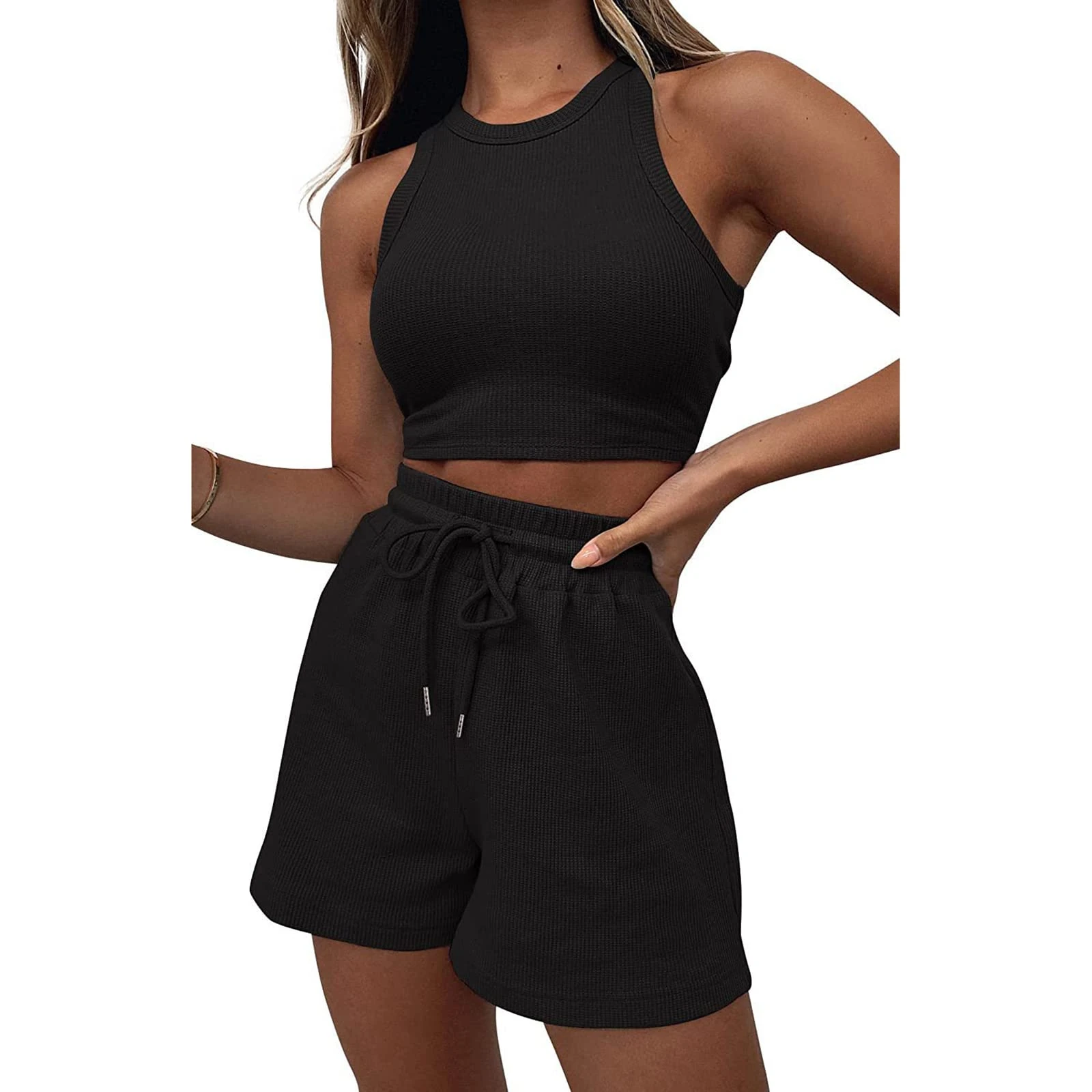 Geagodelia Women's Two Piece Outfit Summer Ladies Sexy Co Ord Set Crop Tank Top + Shorts Y2k Aesthetic Clothes Streetwear Sport Gym Sets (B - Black, L)