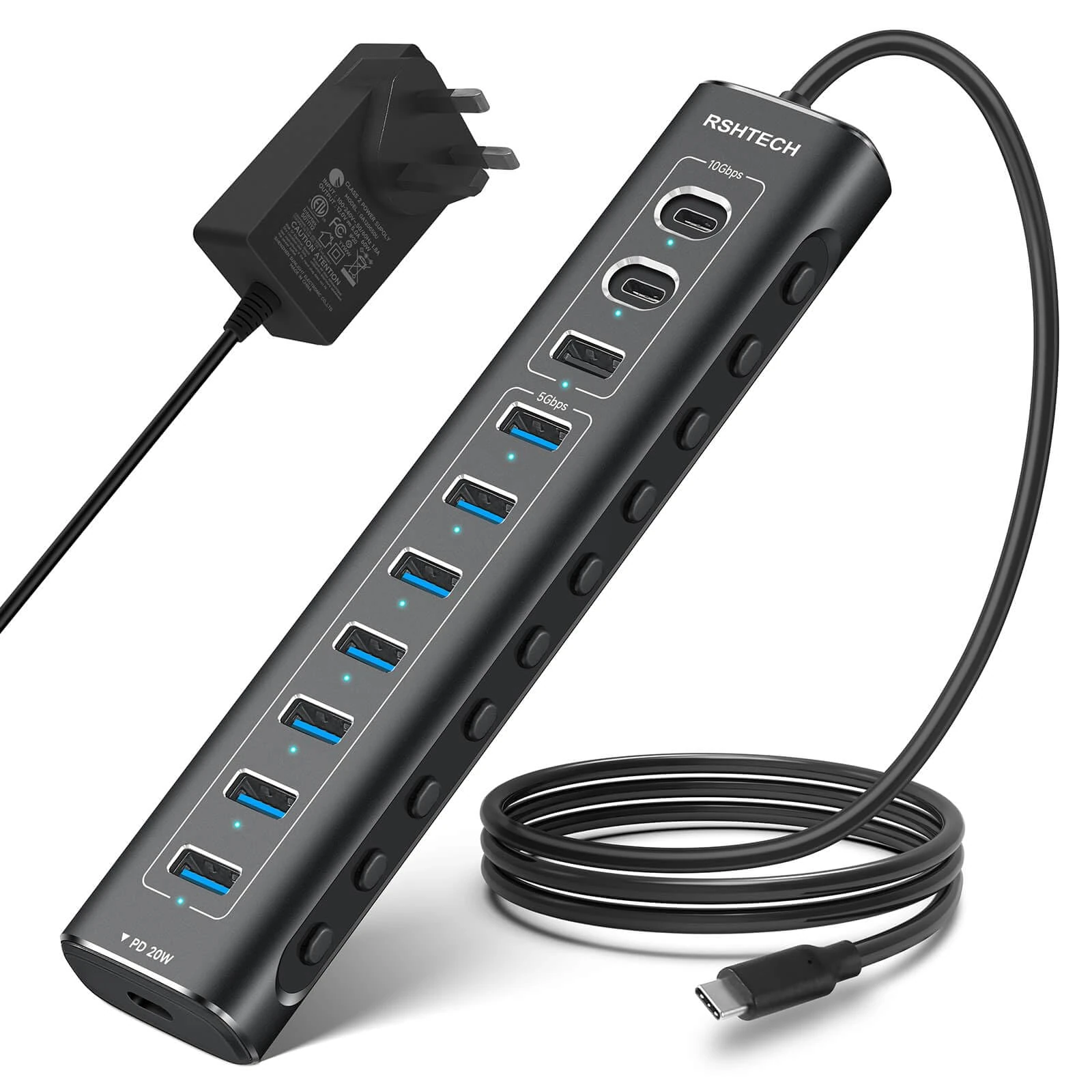RSHTECH 60W Powered USB 3.2 Hub, 11-Port USBC Hub with 10Gbps Data Port (2C+1A), 7 x USB 3.0 Port and 20W PD, Aluminum USB Splitter with 12V/5A Power Adapter and 3.3ft Long Cable (RSH-A11PD)