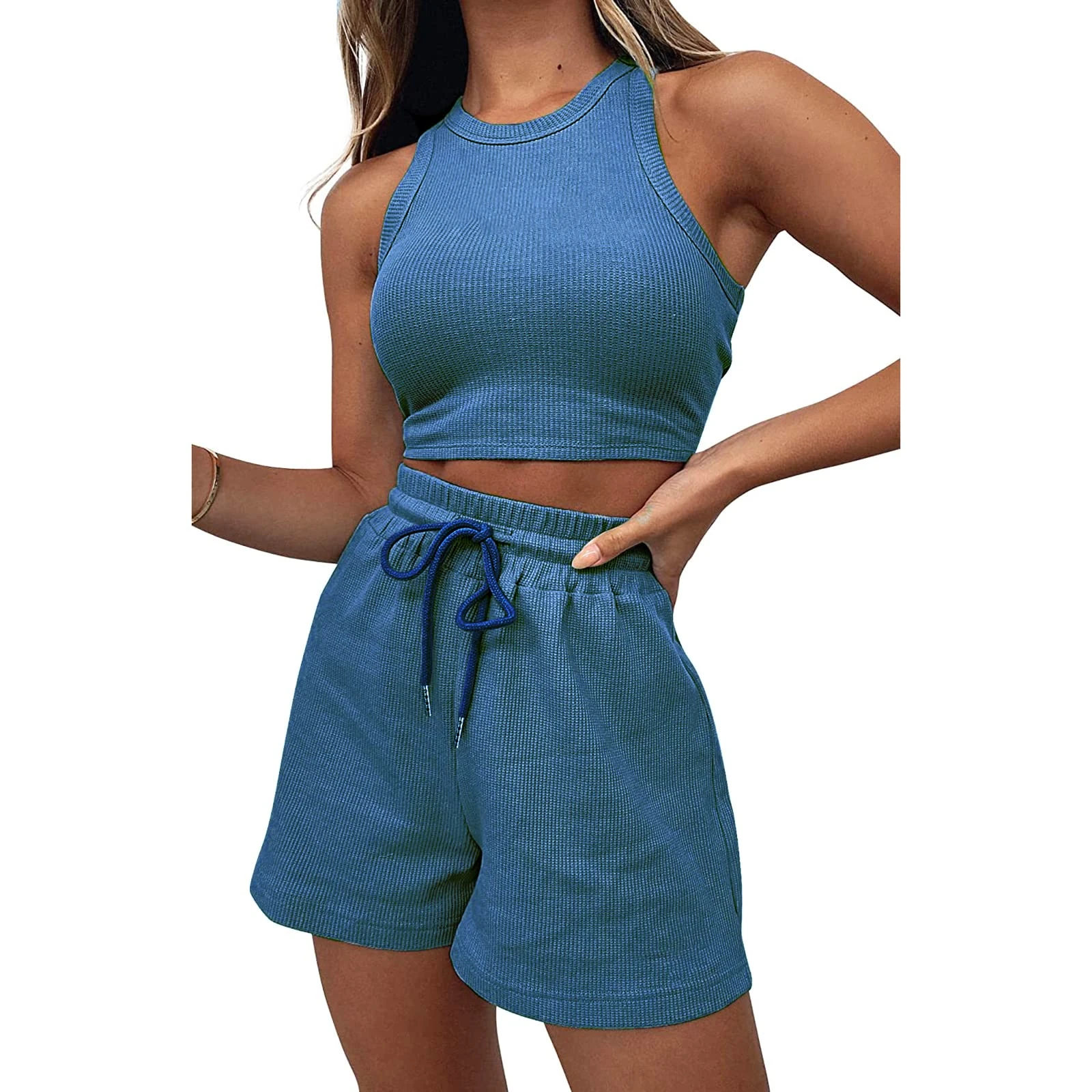 Geagodelia Women's Two Piece Outfit Summer Ladies Sexy Co Ord Set Crop Tank Top + Shorts Y2k Aesthetic Clothes Streetwear Sport Gym Sets (B - Blue, S)